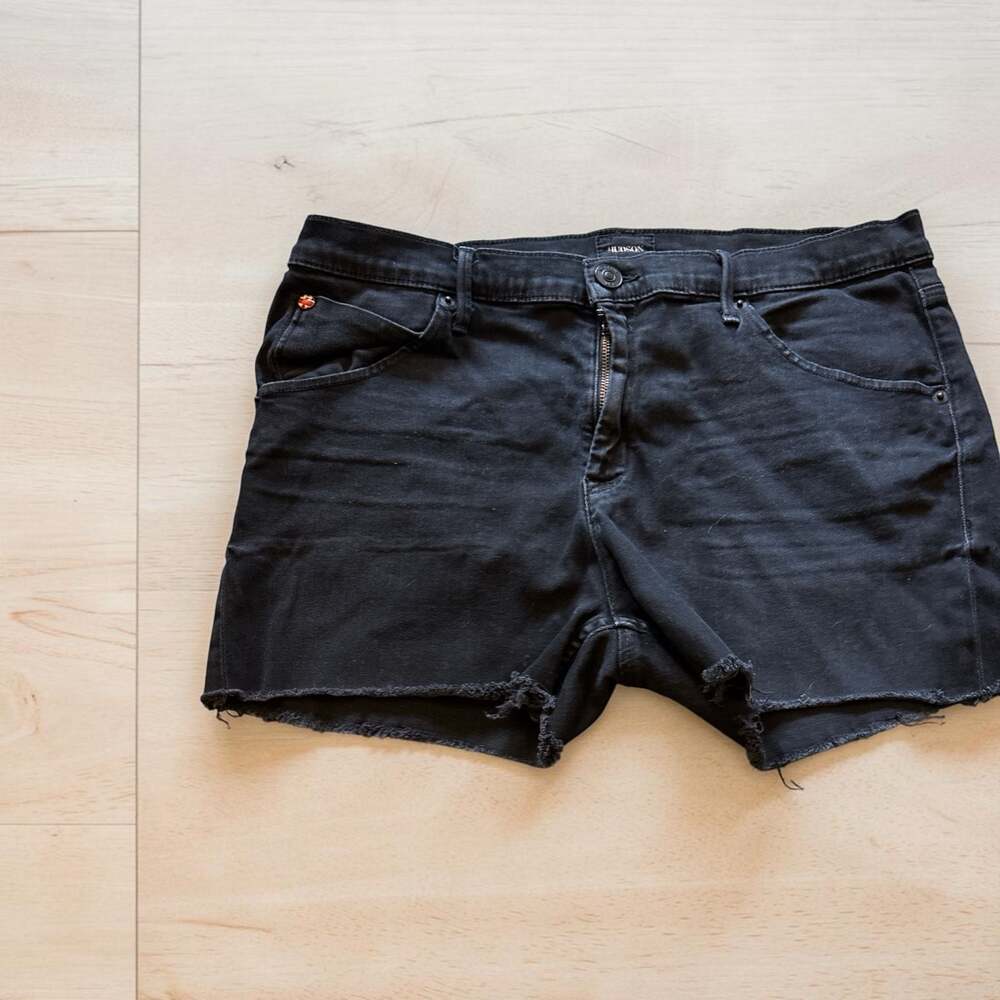Hudson Collin Mid-Rise Raw Hem Flap-Pocket Denim Shorts